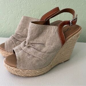 Y-Not ? Canvas Rope Wedge Sandals Women’s 5.5 Heel Strap Peep Toe Boho Tan Brown